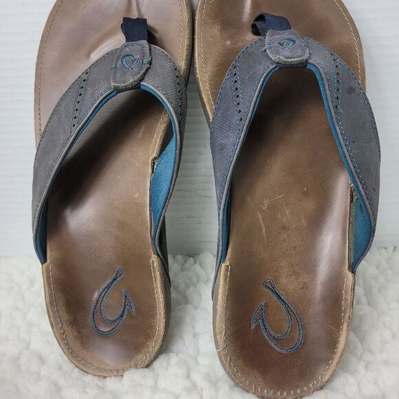 OluKai Nui Sandal Mens Flip Flop Size 12 Tan Gray Leather Sandals - Picture 10 of 11
